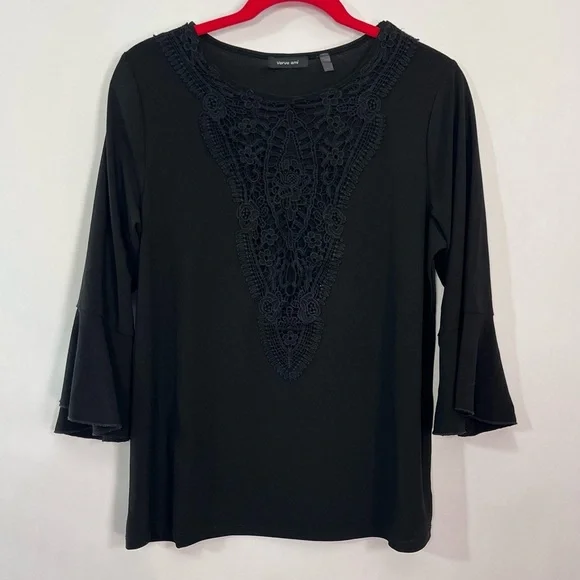 Verve Ami Black Crocheted V neck Blouse Ruffle Bell 3/4 Sleeves Sz Large - Picture 1 of 5